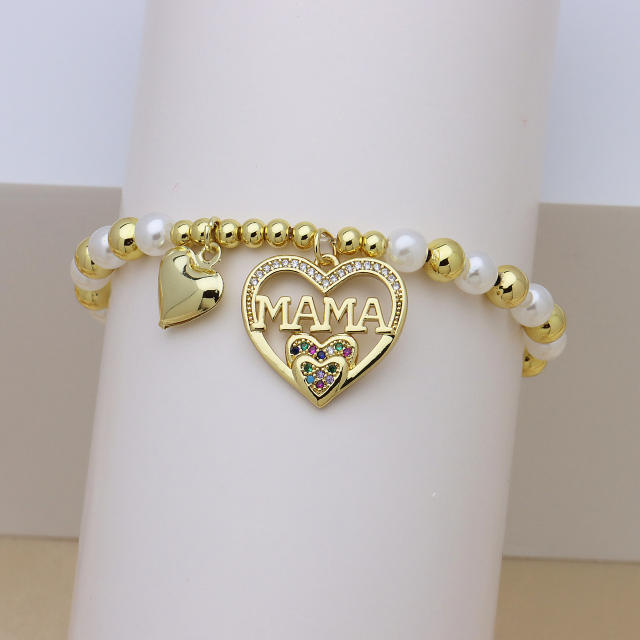 Hollow out diamond heart mama letter gold plated copper bracelet
