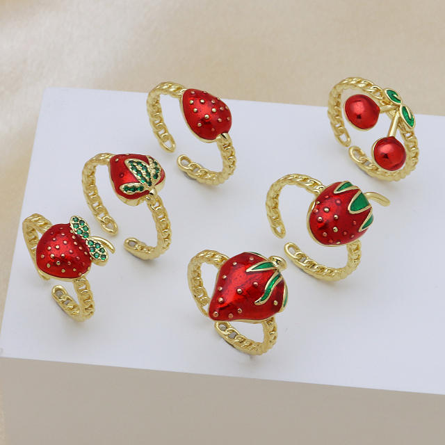 Spring summer enamel strawberry cherry gold plated copper rings