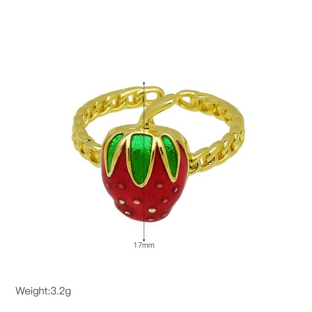 Spring summer enamel strawberry cherry gold plated copper rings
