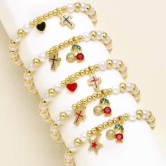 Hot Pearl Beaded Cross Cherry Fruit Pendant Gold-plated Bracelet