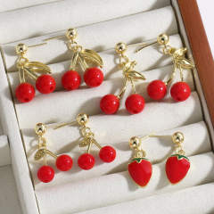 Sweet fruit enamel cherry strawberry real gold plated earrings