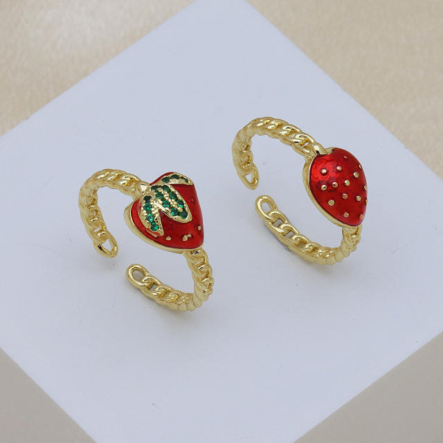 Spring summer enamel strawberry cherry gold plated copper rings