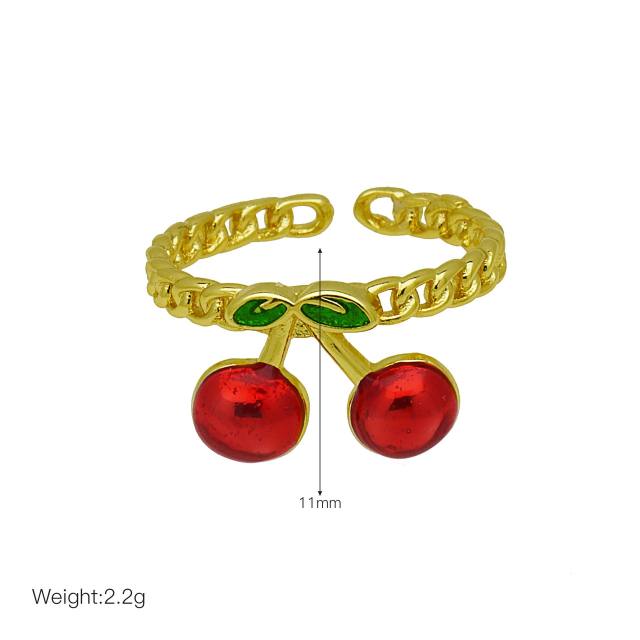Spring summer enamel strawberry cherry gold plated copper rings