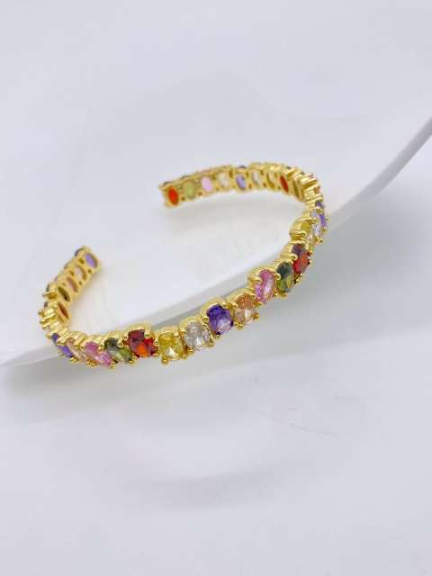 Irregular colorful cubic zircon gold plated copper cuff bangle