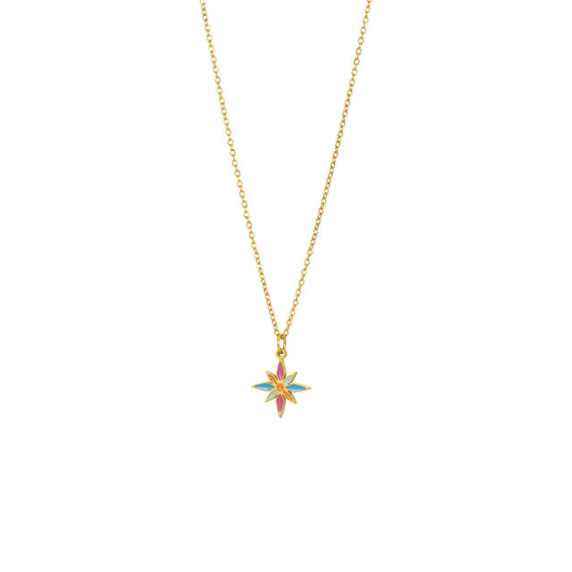 Spring summer candy color enamel flower star pendant stainless steel necklace