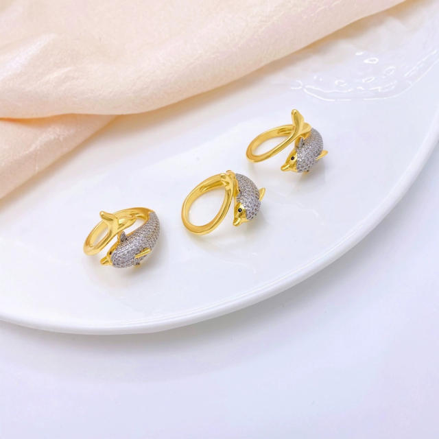 18KG full diamond mix color cute dolphin gold plated copper rings