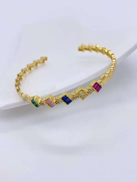 Irregular colorful cubic zircon gold plated copper cuff bangle