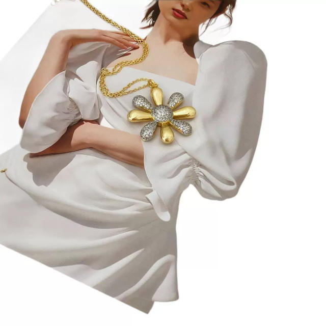 Chunky mix color diamond daisy flower gold plated copper necklace bangle set