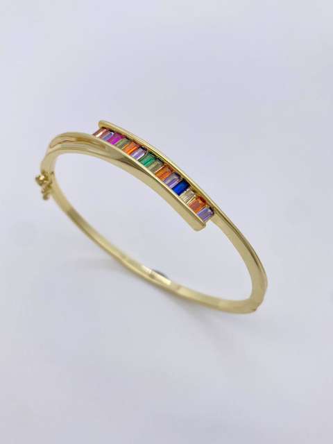Irregular shape rainbow cubic zircon gold plated copper bangle