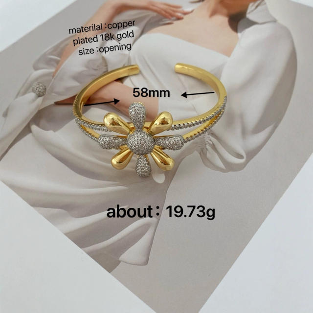 Chunky mix color diamond daisy flower gold plated copper necklace bangle set