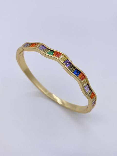 Irregular shape rainbow cubic zircon gold plated copper bangle