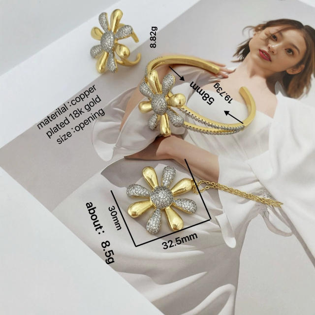 Chunky mix color diamond daisy flower gold plated copper necklace bangle set