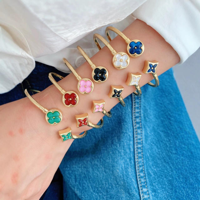 Classic colorful clover gold plated copper cuff bangle for women