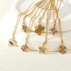 Spring summer candy color enamel flower star pendant stainless steel necklace
