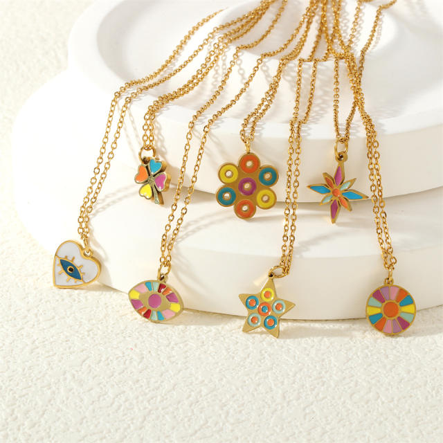 Spring summer candy color enamel flower star pendant stainless steel necklace