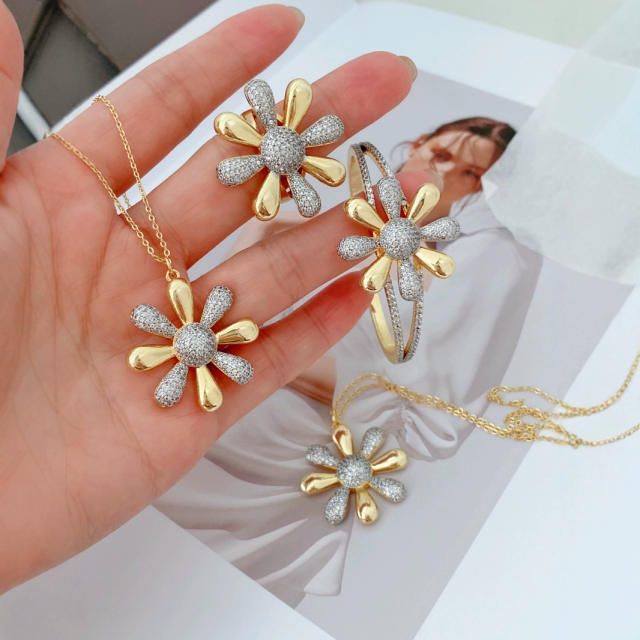 Chunky mix color diamond daisy flower gold plated copper necklace bangle set