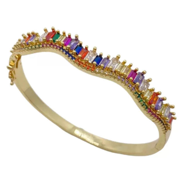 Irregular shape rainbow cubic zircon gold plated copper bangle