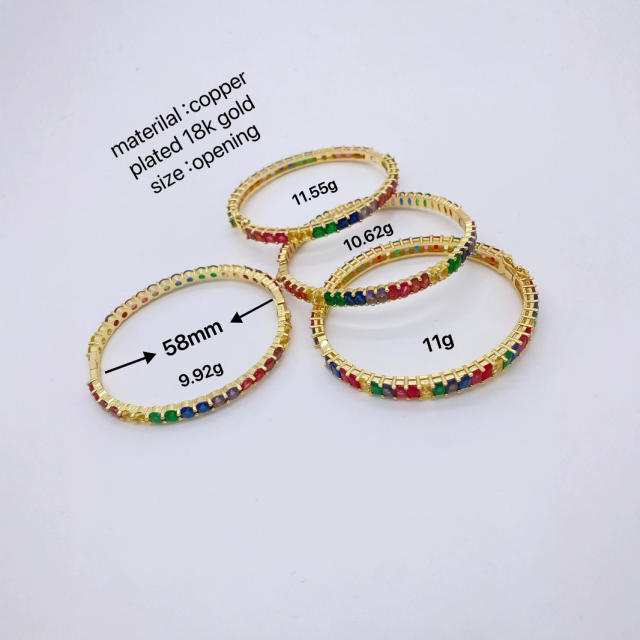 Luxury rainbow cubic zircon pave setting gold plated copper bangle