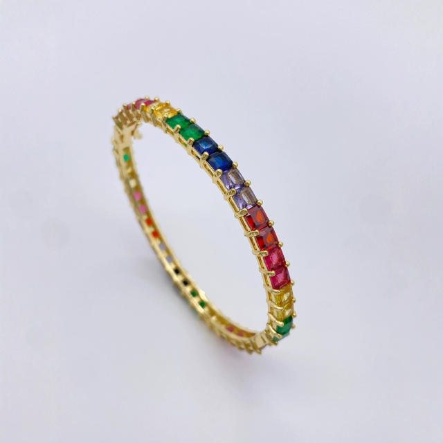 Luxury rainbow cubic zircon pave setting gold plated copper bangle