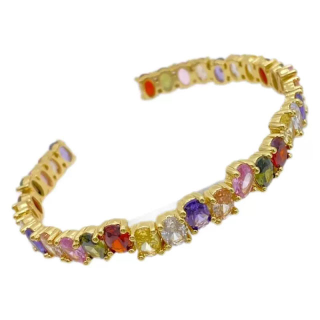 Irregular colorful cubic zircon gold plated copper cuff bangle