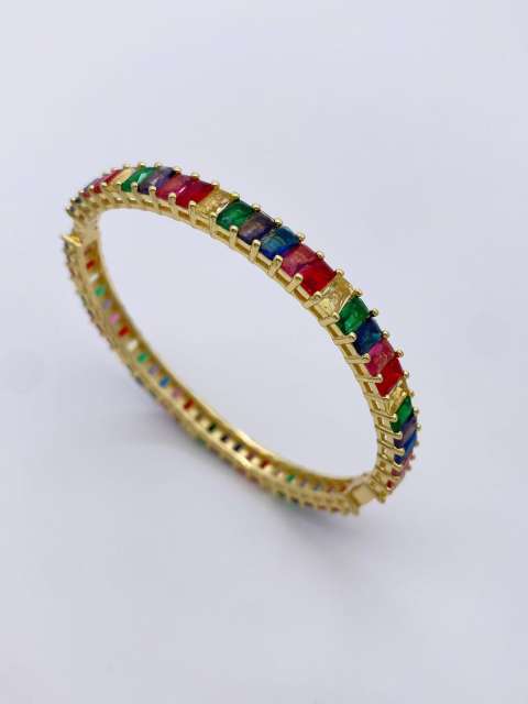 Luxury rainbow cubic zircon pave setting gold plated copper bangle