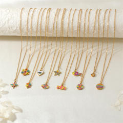 Spring summer candy color enamel flower star pendant stainless steel necklace