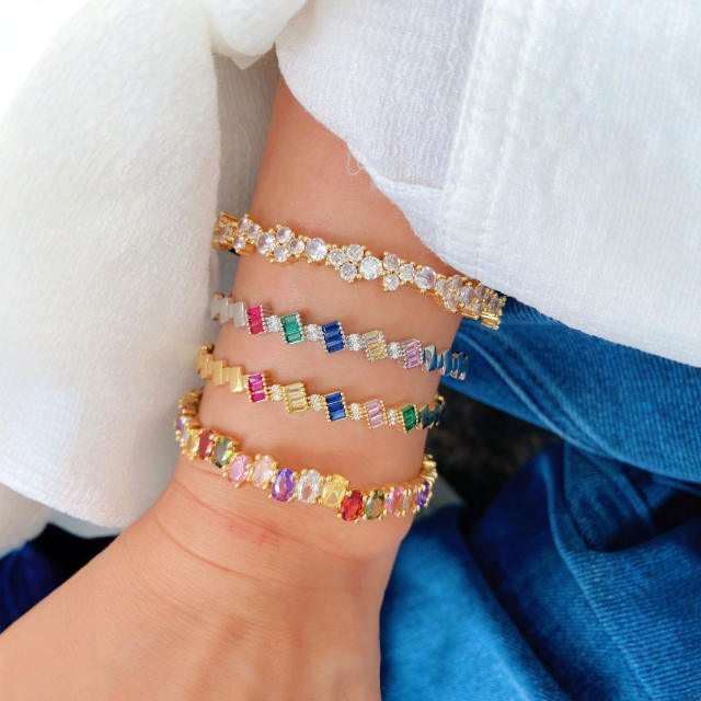 Irregular colorful cubic zircon gold plated copper cuff bangle