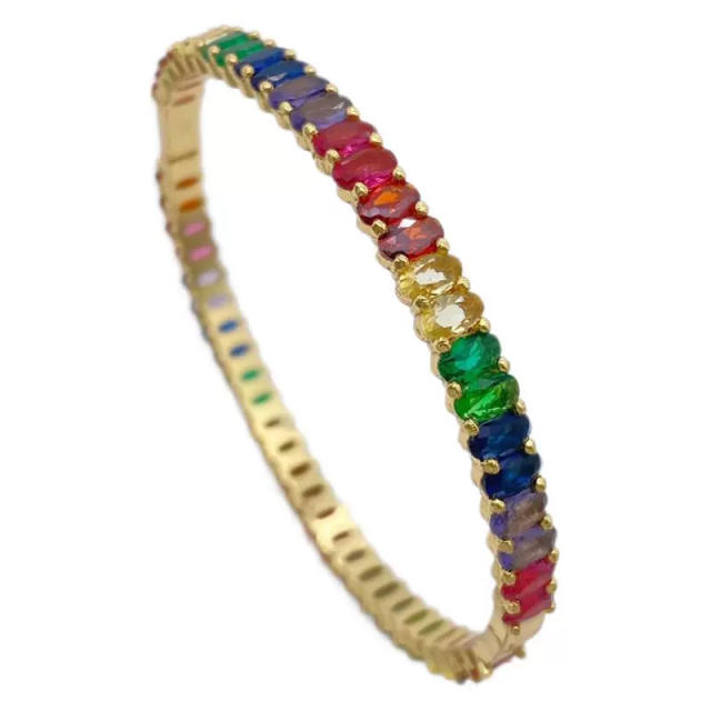 Luxury rainbow cubic zircon pave setting gold plated copper bangle