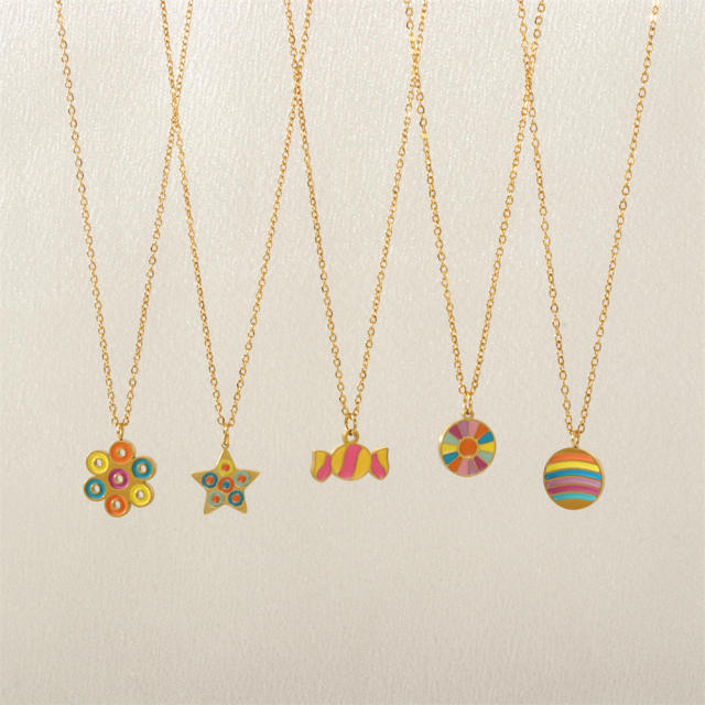 Spring summer candy color enamel flower star pendant stainless steel necklace