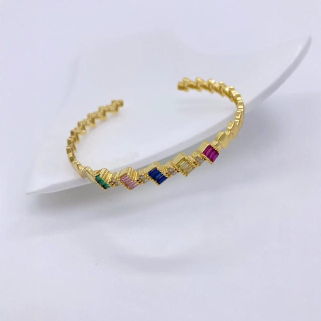 Irregular colorful cubic zircon gold plated copper cuff bangle