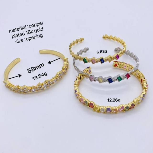 Irregular colorful cubic zircon gold plated copper cuff bangle