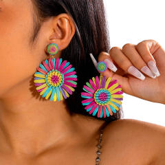 Boho colorful straw beach earrings holiday earrings flower earrings