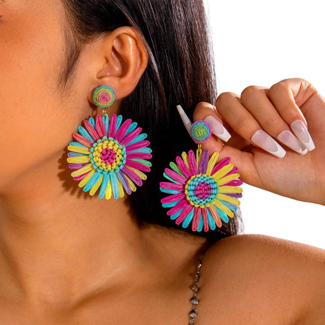 Boho colorful straw beach earrings holiday earrings flower earrings