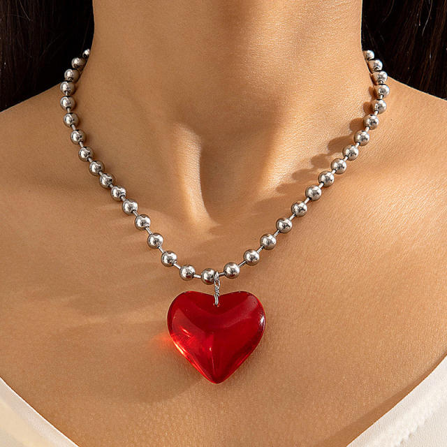 Punk trend candy color ball bead heart charm necklace