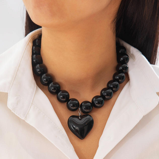Punk trend candy color ball bead heart charm necklace