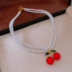 Diamond Cherry Pendant Pearl Necklace Sweet Joker Sweater Chain