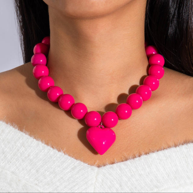 Punk trend candy color ball bead heart charm necklace