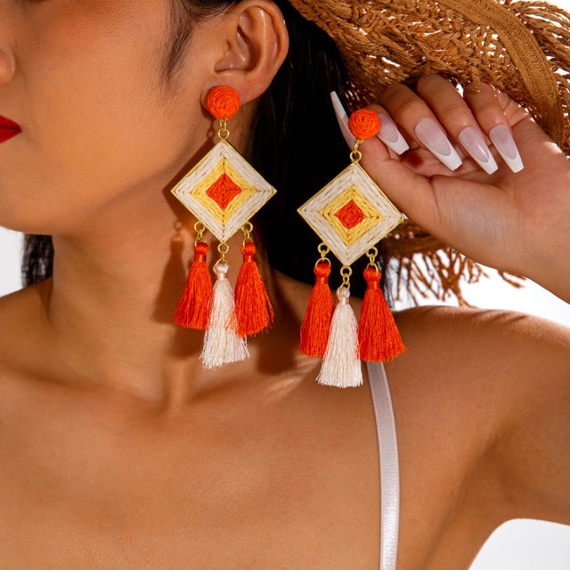 Boho colorful straw beach earrings holiday earrings flower earrings