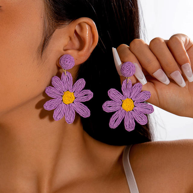 Boho colorful straw beach earrings holiday earrings flower earrings