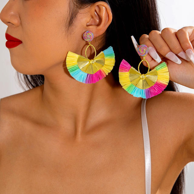 Boho colorful straw beach earrings holiday earrings flower earrings