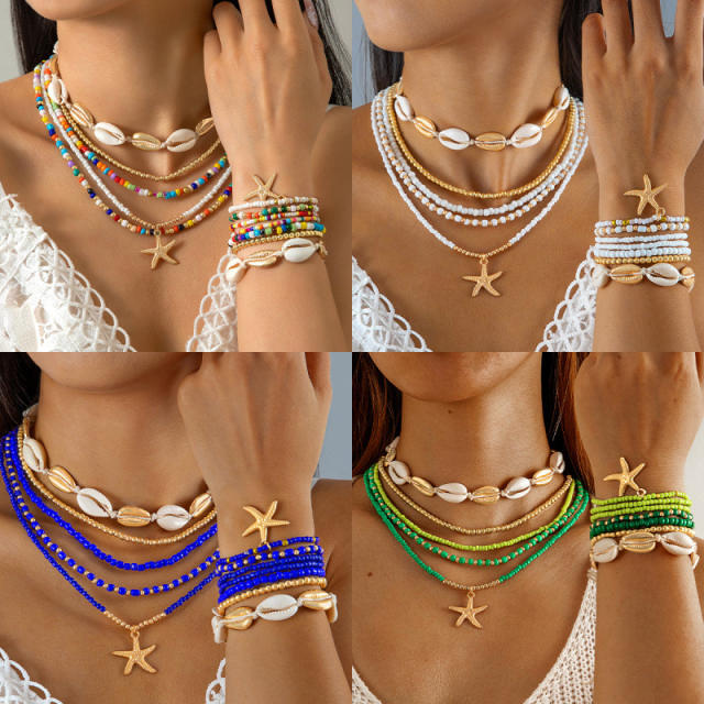 12pcs set Beach trend colorful seed beads starfish charm necklace bracelet set
