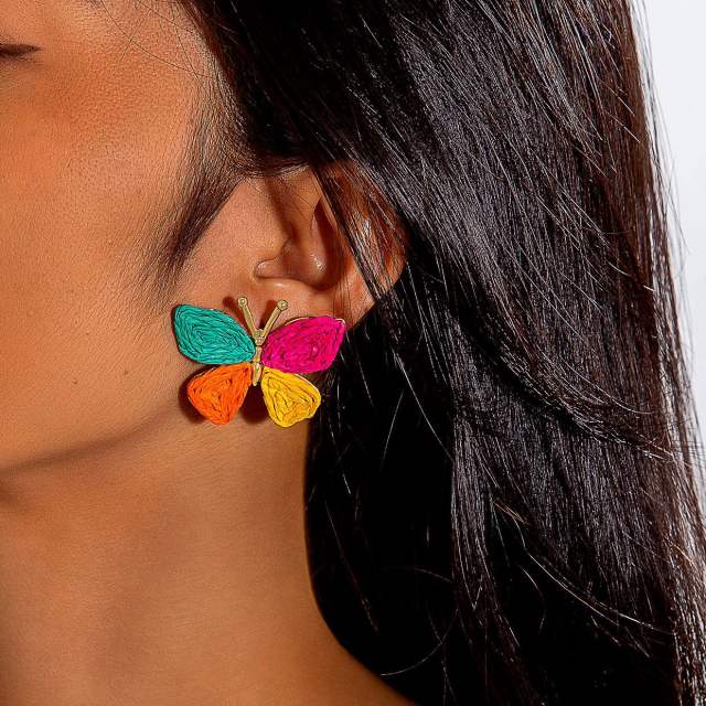 Boho colorful straw beach earrings holiday earrings flower earrings