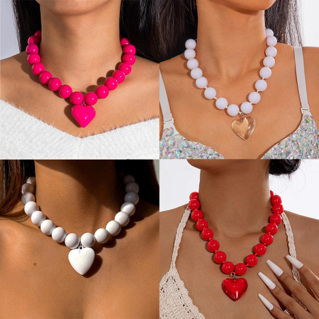Punk trend candy color ball bead heart charm necklace
