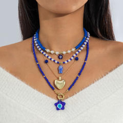 Boho blue color evil eye series clay beas layer necklace holiday necklace