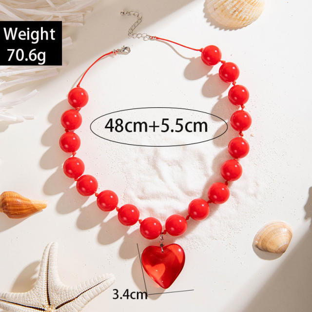 Punk trend candy color ball bead heart charm necklace
