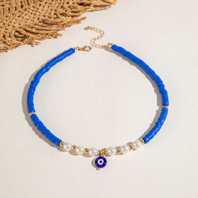 Boho blue color evil eye series clay beas layer necklace holiday necklace