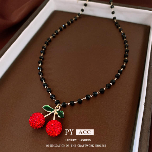 Diamond Cherry Pendant Pearl Necklace Sweet Joker Sweater Chain