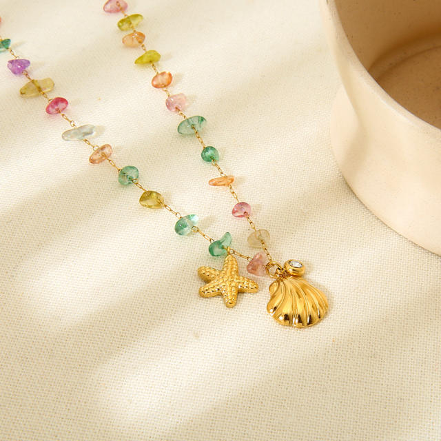 INS Wind Starfish Shell Pendant Necklace Bracelet suit Plated 18K Stainless Steel Colorful Stone Chain Bracelet Necklace