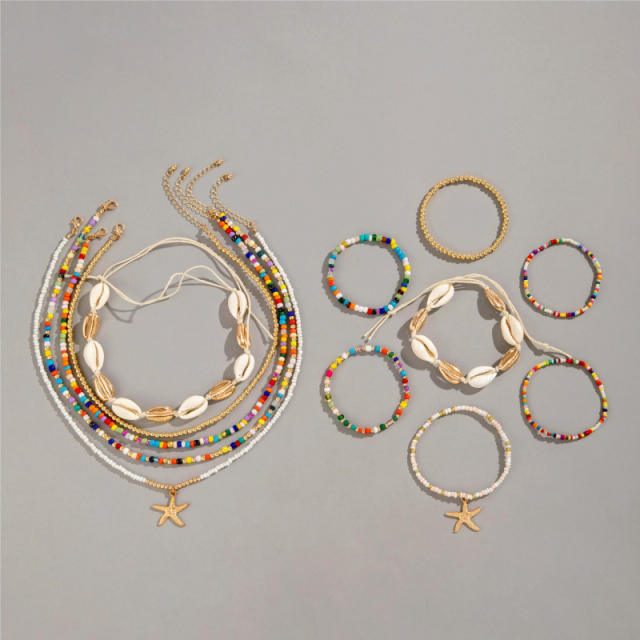 12pcs set Beach trend colorful seed beads starfish charm necklace bracelet set