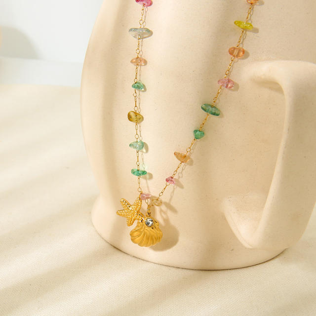 INS Wind Starfish Shell Pendant Necklace Bracelet suit Plated 18K Stainless Steel Colorful Stone Chain Bracelet Necklace